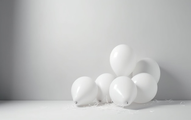 A bunch of white balloons are on a table with a white background.