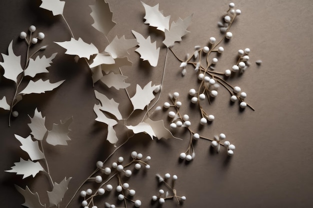 A bunch of white beads and leaves on a brown