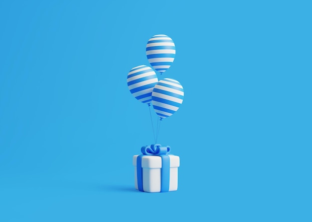 Bunch of white and blue striped balloons with white gift box on blue background 3d rendering