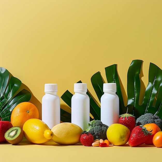 Photo a bunch of white bottles of white soaps and fruits