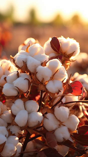 a bunch of white cotton flowers with the sun behind them