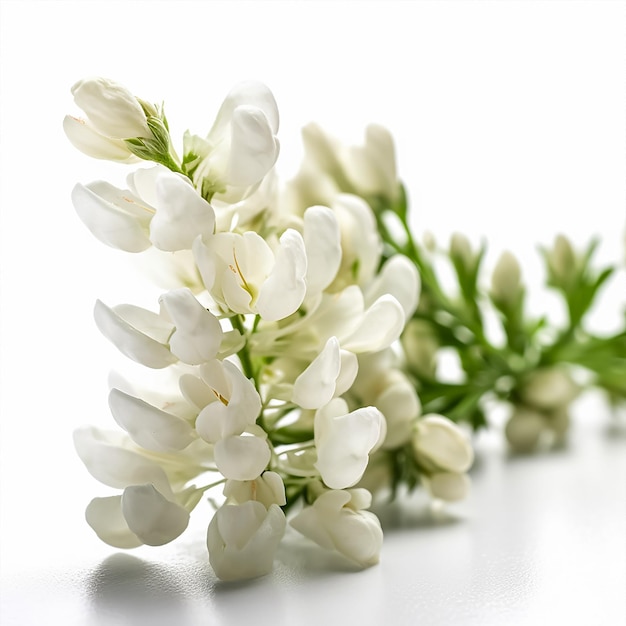 A bunch of white flowers with green leaves on a white background.