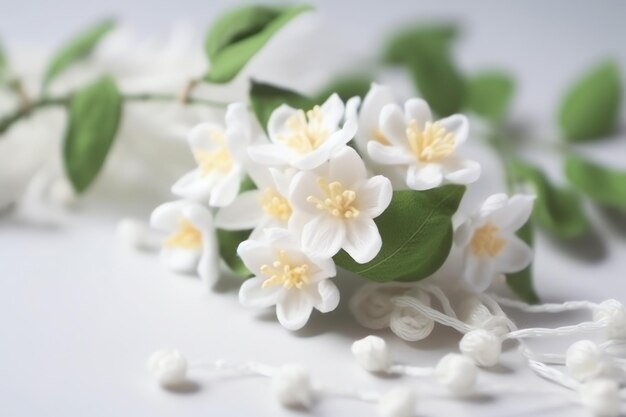 A bunch of white flowers with green leaves on a white background.