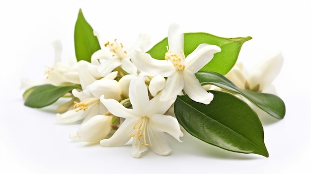 A bunch of white flowers with green leaves on a white background