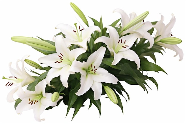 A bunch of white flowers with green leaves and the word lily on it