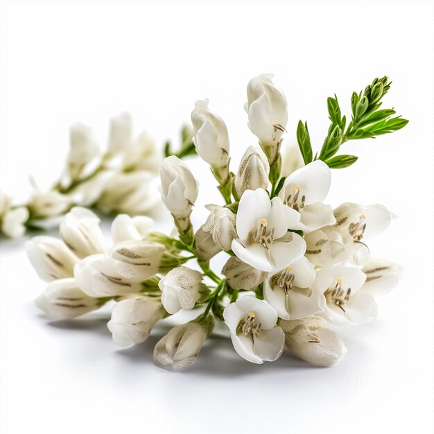 A bunch of white flowers with green leaves and the word lily on it.