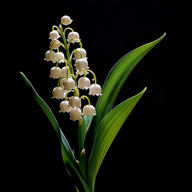 A bunch of white flowers with green leaves and the word lily on it