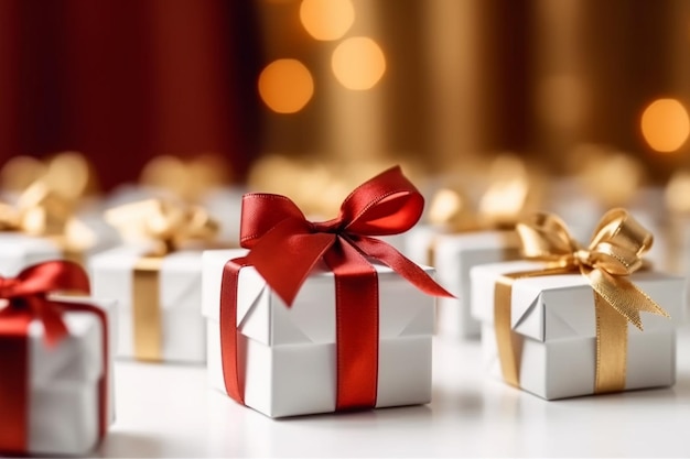 A bunch of white gift boxes with a red ribbon on the top.