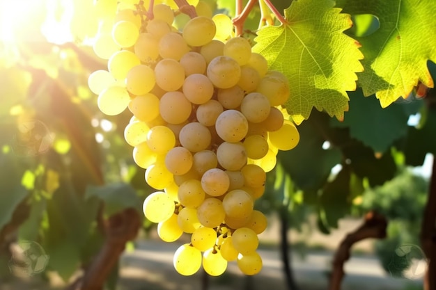 A bunch of white grapes hanging from a vine