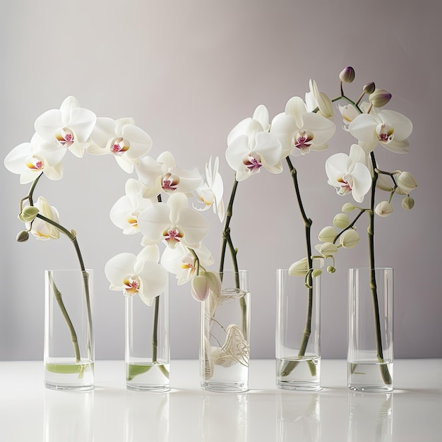 A bunch of white orchids are on a table.