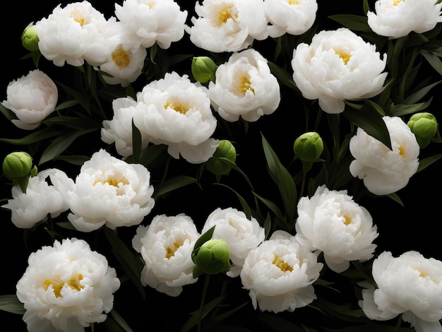 A bunch of white peonies with a green leaf