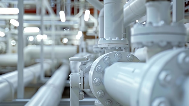 Photo a bunch of white pipes and valves in a large room