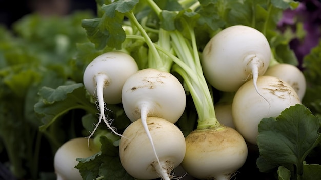 A bunch of white radishes with the number 2 on them