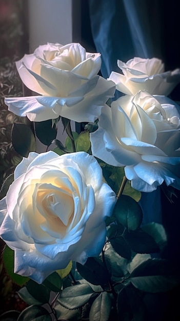 A bunch of white roses are in a vase with the words " white " on the bottom.