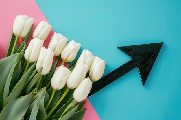 A bunch of white tulips with a black arrow suitable for various design projects