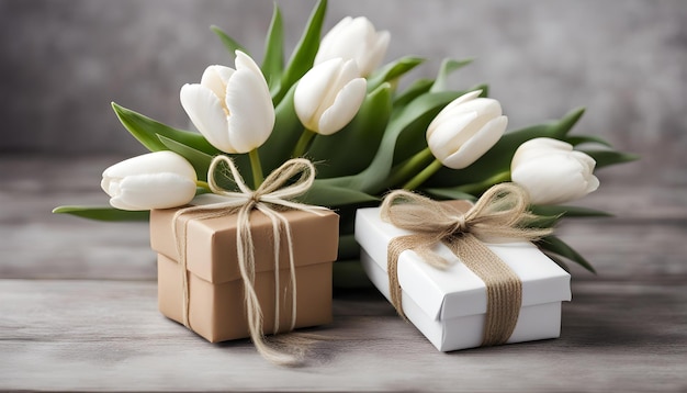 a bunch of white tulips with a ribbon tied around them