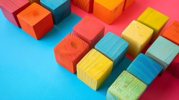 Photo a bunch of wooden blocks are lined up on a blue surface