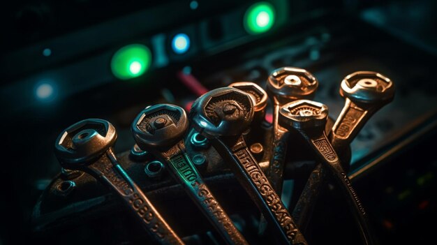 Photo a bunch of wrenches are sitting on a table.