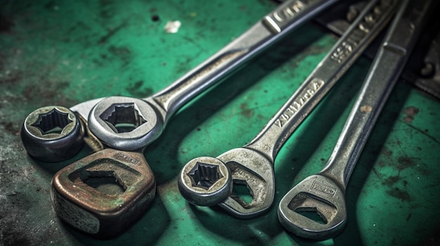 A bunch of wrenches on a green surface