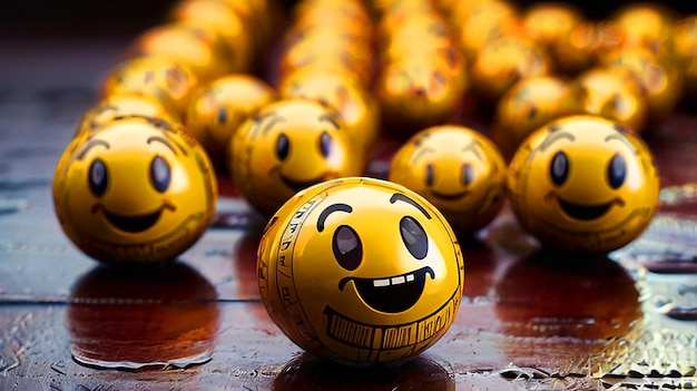 a bunch of yellow balls with the words smiley face on them