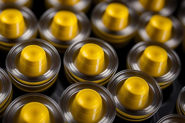 a bunch of yellow bottles with yellow caps that say  push