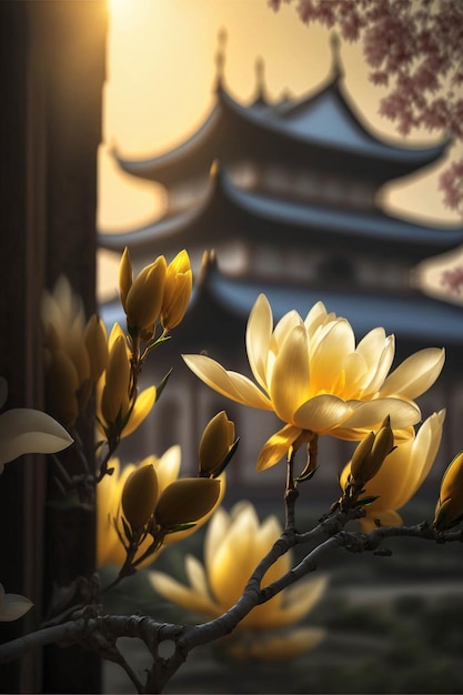 Bunch of yellow flowers in front of a building generative ai