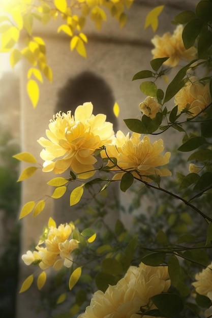 Bunch of yellow flowers in front of a building generative ai