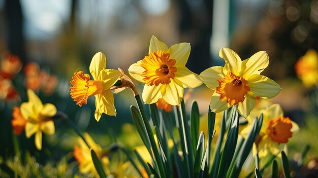 a bunch of yellow flowers with the sun behind them