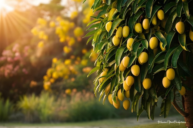 a bunch of yellow mangoes hanging from a tree