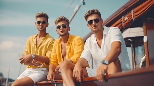 A bunch of young attractive models are having fun while unwinding on the yacht's deck beside the sea Generative AI