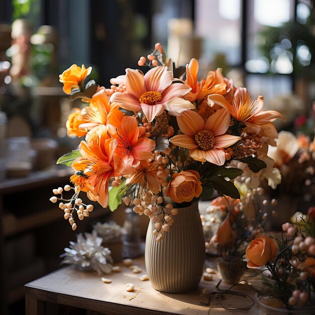 bunches of orange flowers in a flower shop generative ai