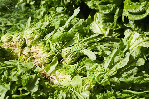 Bunches of organic spinach and lettuces at farmers market in Turkey