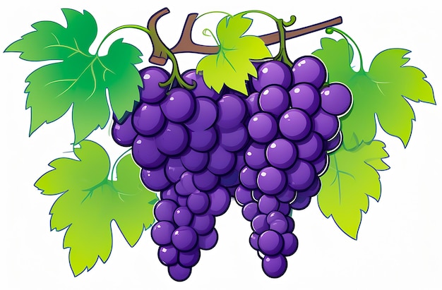 Bunches of ripe purple grapes with lush green leaves on a vine rendered in a white background