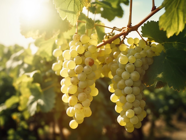 Bunches of white grapes in the vineyard on a sunny day