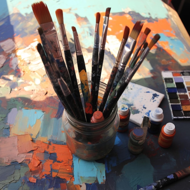 Photo a bundle of artistas brushes in a jar surrounded by tubes of oil paint and abstract art in progress