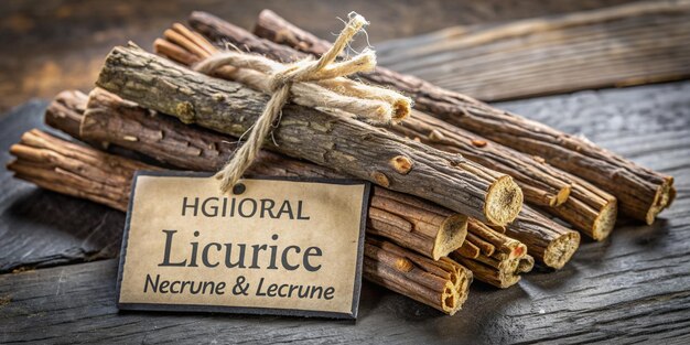 Photo bundle of licorice root with natural sweet flavoring herbal legume plant with copy space for medicin