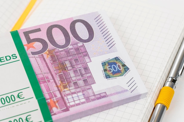 bundle of money in denomination of five hundred euros on a notebook sheet in a cage with a pen