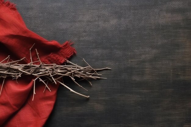 Photo a bundle of sticks with a red cloth tied to it