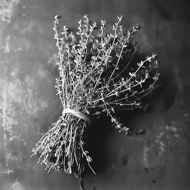 Photo a bundle of thyme in black and white