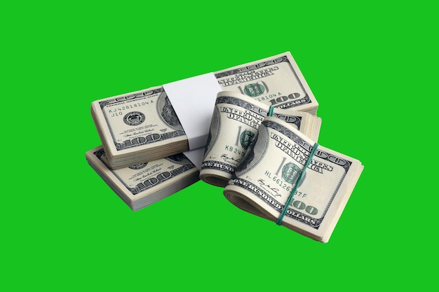 Bundle of US dollar bills isolated on chroma keyer green. Pack of american money with high resolution on perfect green mask