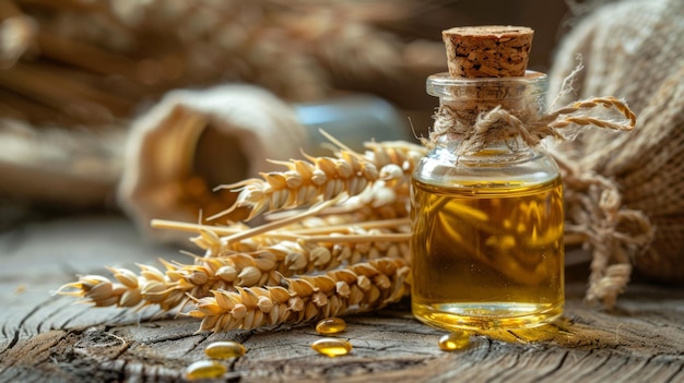 A bundle of wheat and a bottle of wheat germ oil golden drops