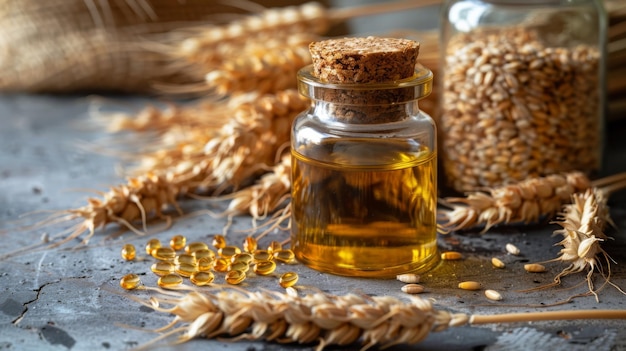 A bundle of wheat and a bottle of wheat germ oil golden drops