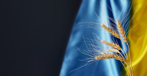 Bundle of wheat spikes on ukraininan flag as background Concept of food supply crisis and global food scarcity because of war in Ukraine