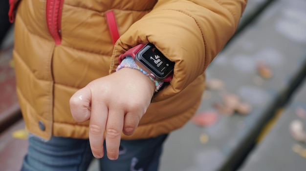 Photo bundled up tech childs smartwatch peek in winter wear