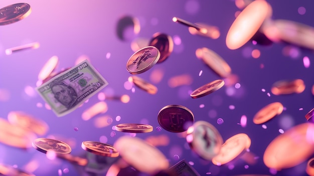 Bundles of Cash and Floating Coins on Purple Background 3D Render Illustration of MoneySaving