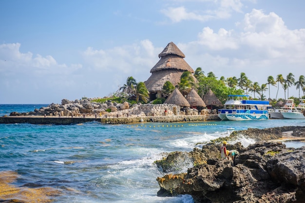 Bungalow house with palms near ocean beach Playa del Carmen Riviera Maya Yu atan Mexico