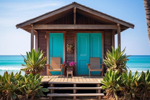 Photo bungalow wooden porch on tropical sand sea beach