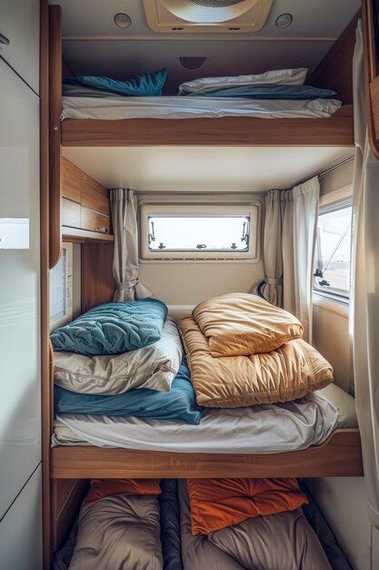 Photo a bunk bed with a bunch of pillows and blankets on it