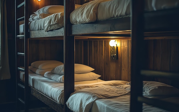 Bunk beds with fresh linens in stylish hostel