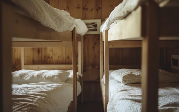 Bunk beds with fresh linens in stylish hostel